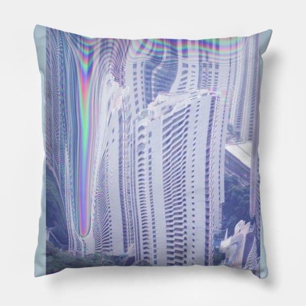 Vaporwave Holographic glitch buildings Pillow by isarol