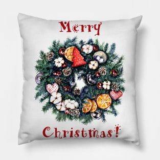 Merry christmas wreath watercolor illustration Pillow