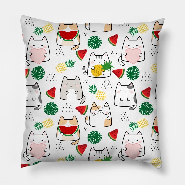 Seamless Pattern Melon Pineapple Cute Kawaii Cats Pillow by jodotodesign