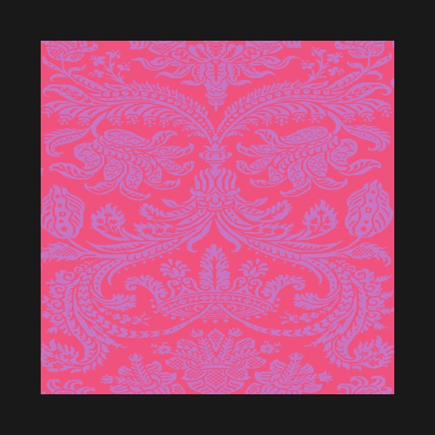 Pink on Vermillion Red/Orange Medieval Damask Scrolls by JamieWetzel