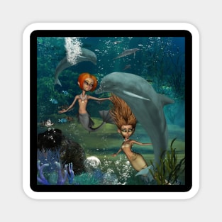 Little mermaids playing with a dolphin Magnet