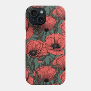 Poppy garden in coral, brown and pine green Phone Case