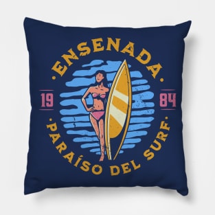 Vintage Ensenada, Mexico Surfer's Paradise // Retro Surfing 1980s Badge Pillow