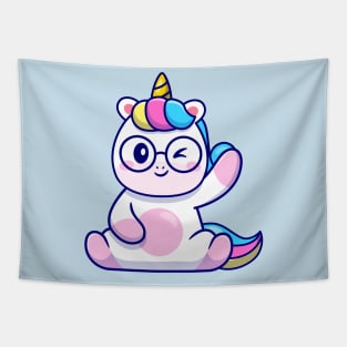 Cute Unicorn Waving Hand And Wearing Glasses Cartoon Tapestry