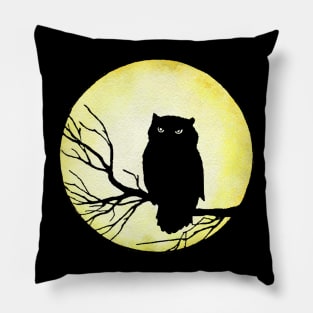 Scary Vintage Owl and Watercolor Moon Pillow