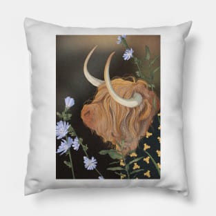 Mythical Highland Cow Chicory Flowers Pillow