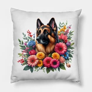 A German shepherd with beautiful colorful flowers Pillow