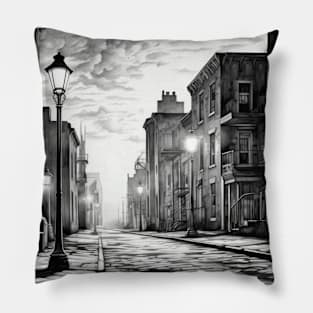 Cityscape Brick Road Tranquil NightInk Sketch Style Pillow