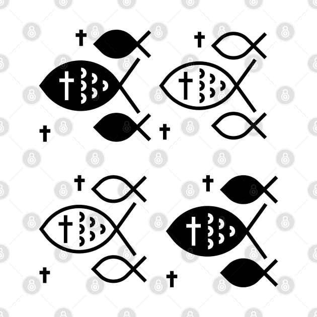 Black and white Christian Ichthys fish cross symbol (White background/ black text) by Mission Bear