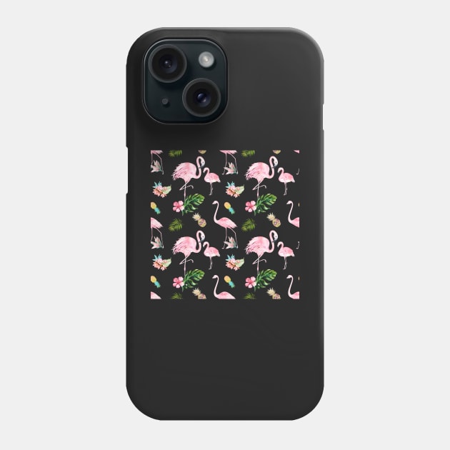 Watercolor Pink Flamingo + Tropical Foliage Pattern Phone Case by PixDezines