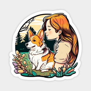 Corgi & Girl Funny Pembroke Welsh Corgi Retro Dog Lover Magnet