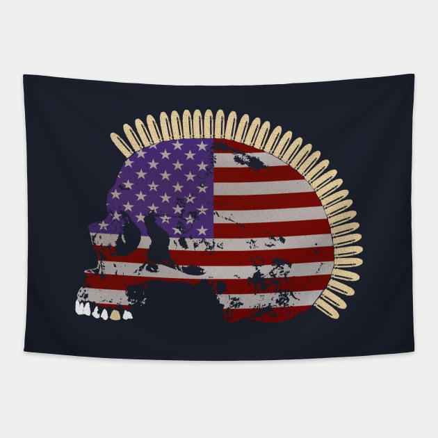 Skull with Mohawk of Bullets in Vintage American Flag Pattern Tapestry by RawSunArt