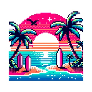 Neon Pixel Paradise - 8-Bit Tropical Beach Art T-Shirt