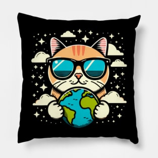 Funny Earth Day 2024 Earth Planet Cute Cat Earth Day Kids Pillow