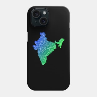 Colorful mandala art map of India with text in blue and green Phone Case