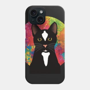 The cute and alert black and white tuxedo cat is waiting and watching you , colorful  background Phone Case