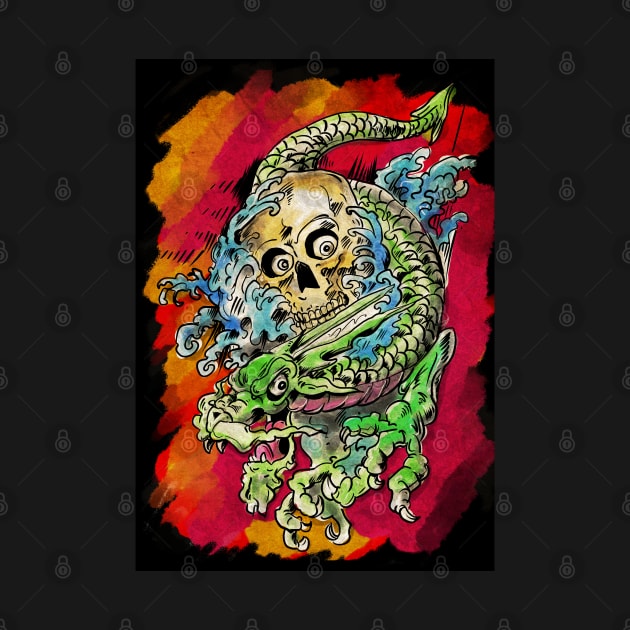 watercolour Tattoo design with dragon and zombie skull by silentrob668