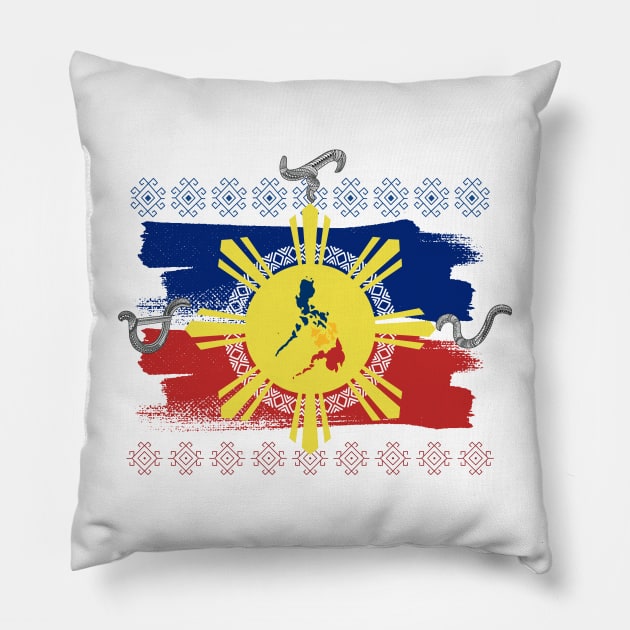 Philippine Flag-Map / Baybayin word Malaya (Freely) Pillow by Pirma Pinas