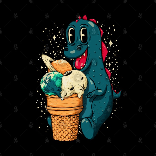 Treat Yo Self - Baby Dino Eating Triple Planet Scoop Ice Cream Cone by anycolordesigns