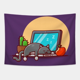 Cute Cat Sleeping On Laptop With Apple And Cactus Cartoon Vector Icon Illustration Tapestry