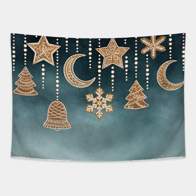 Gingerbread Christmas decorations seamless border. Ornate cookies star, moon, bell, snowflakes, Christmas tree watercolor illustration, Sweet winter décor Tapestry by likapix