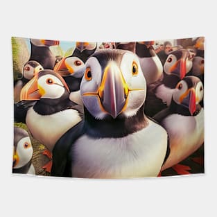 Bird Puffins Wild Nature Funny Happy Humor Photo Selfie Tapestry