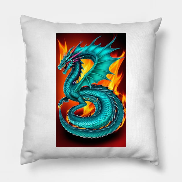 Dragon Fire Turquoise Fantasy Pillow by ShopSunday