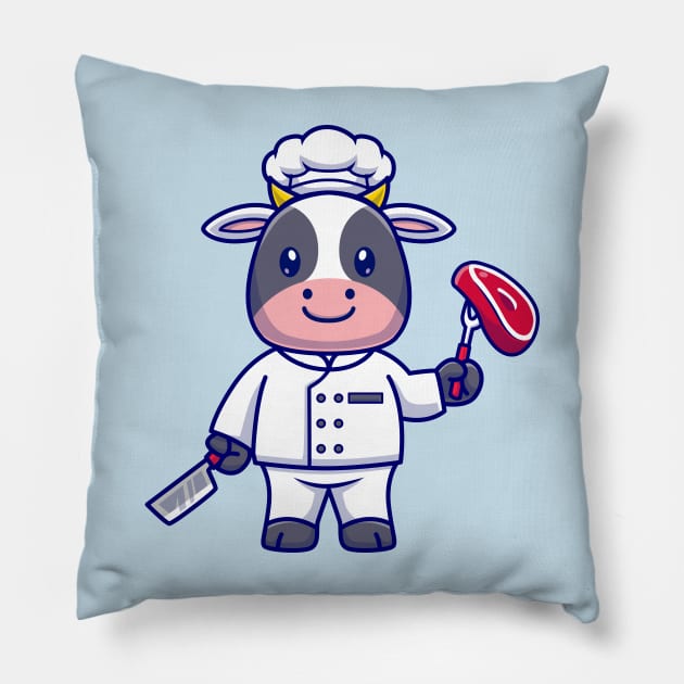 Cute Cow Chef Cooking Meat Cartoon Pillow by Catalyst Labs