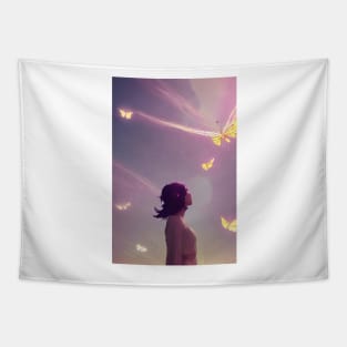 Cute Anime Girl Butterflies Lights Sky Landscape Tapestry