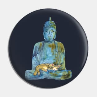 Watercolor Buddha Statue with Sleeping Tabby Cat Pin