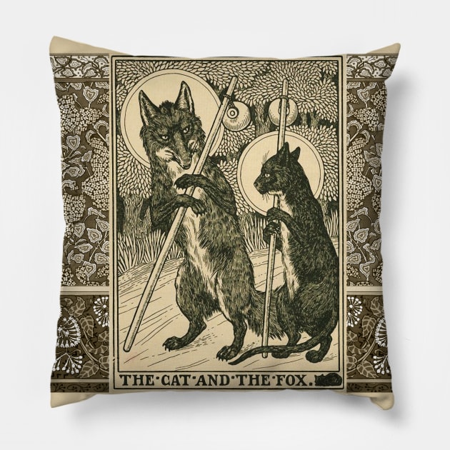 THE CAT AND THE FOX Forest Animals Black White Floral Pillow by BulganLumini