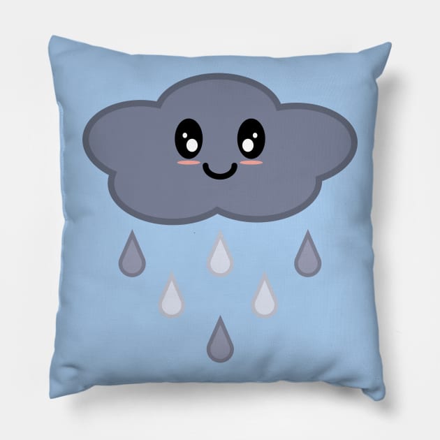 Kawaii Cute Happy Stormy Rain Cloud in Light Blue Pillow by Kelly Gigi