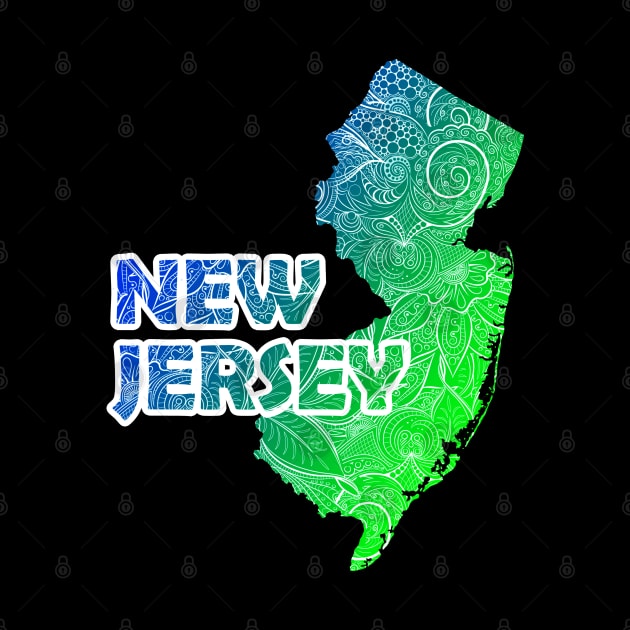 Colorful mandala art map of New Jersey with text in blue and green by Happy Citizen