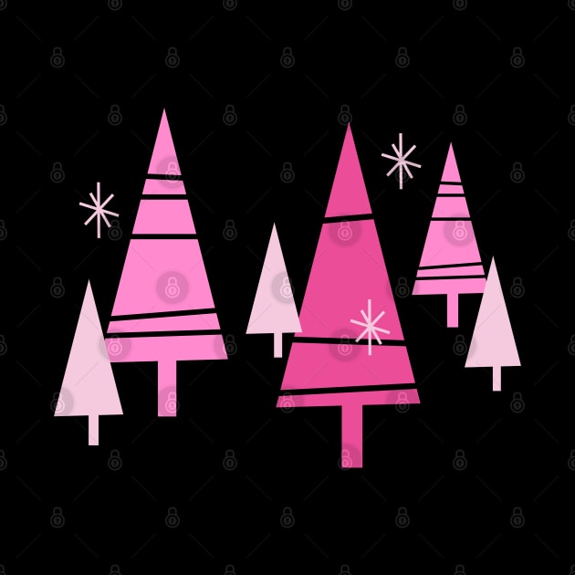 Retro Christmas Trees Pink - Mid Century Modern Black by PUFFYP