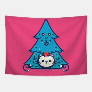 Meowy Catmas - Cute Cat In A Blue Christmas Tree Tapestry