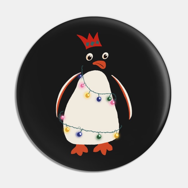 Funny Cartoon Christmas Penguin wrapped in Fairy Lights and Wearing Paper Xmas Hat Pin by NattyDesigns