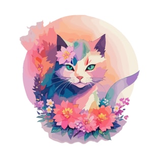 Cute Cat Japanese Style with flowers T-Shirt