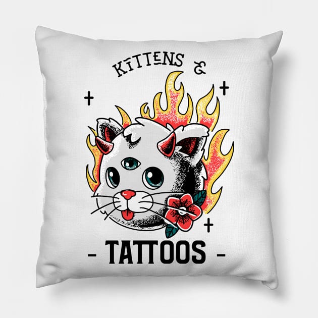 Kittens and Tattoos White Pillow by SybaDesign