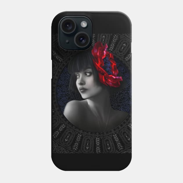 Black and white red flower girl portrait digital artwork Phone Case by Relaxing Art Shop