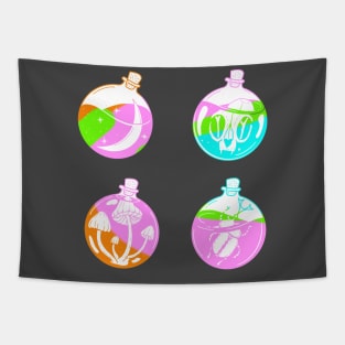 4 potion viles with a moon, cat skull, mushrooms and a scarabey inside cute gift Tapestry