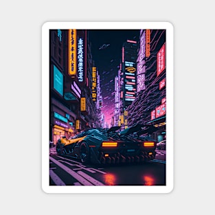 Dark Neon City Sports Car Magnet