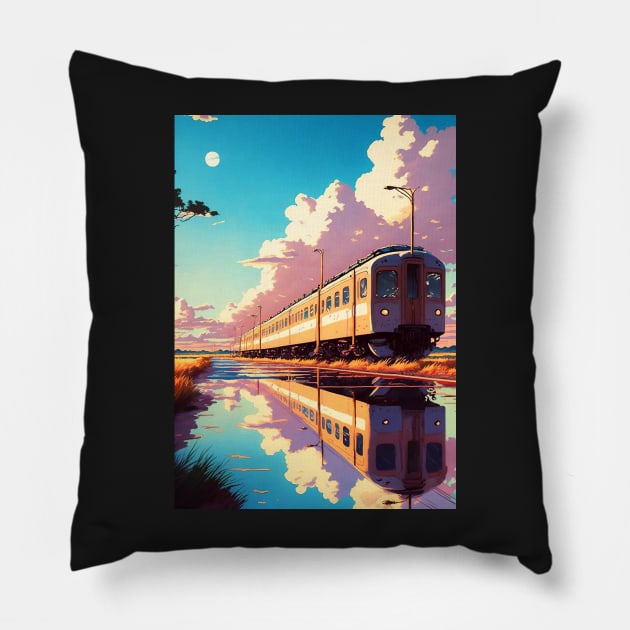 Retro Anime Style Old Japanese Train Pillow by KaPrints