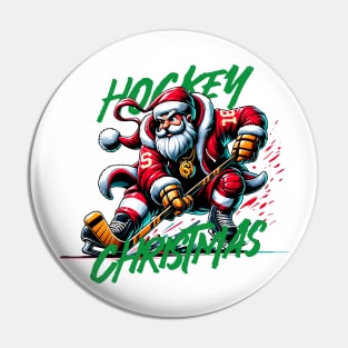 Santa Playing Hockey in Christmas Pin