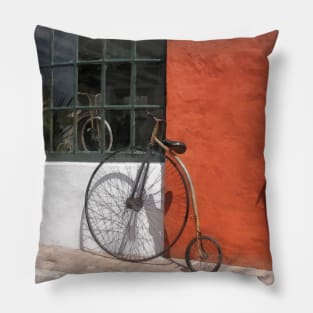 Bicycles - Penny-Farthing in Front of Bike Shop Pillow