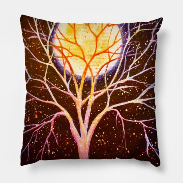 Full moon tree and light bugs Pillow by redwitchart