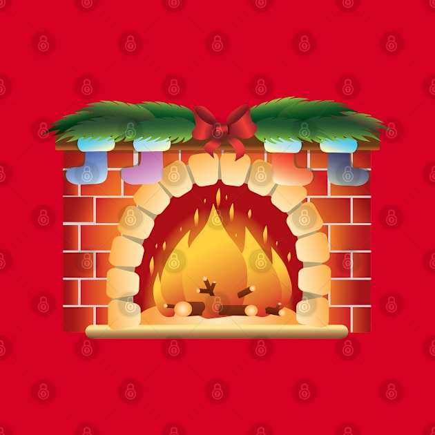 Fireplace and fire. On the fireplace are New Year's boots, a bow and Christmas tree branches. by ClubFate