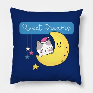 Sweet Dreams Sleeping Cat on Moon Pillow