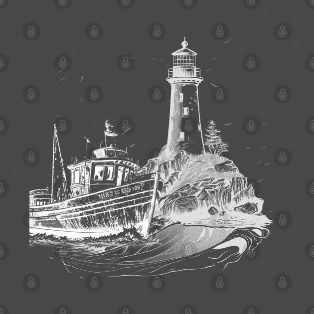 lighthouse with an old boat in vintage style by megadeisgns