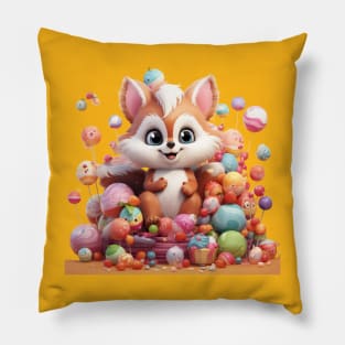 Sweet Fox on Candy Pile: Colorful Cartoon for Kids Pillow