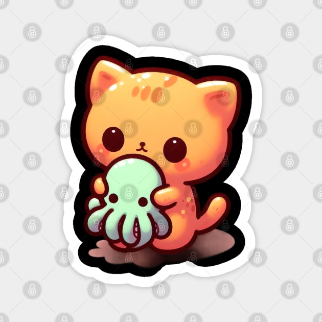 Cute little cat holding Cthulhu Magnet by Evgmerk